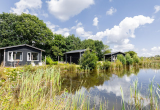 Tres pequeñas casas negras junto a un estanque, rodeadas de naturaleza, bajo cielo azul en los Países Bajos.