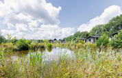 Blick auf den Teich und Tiny House XL Hütten bei The Kremmer in den Niederlanden, umgeben von Natur.