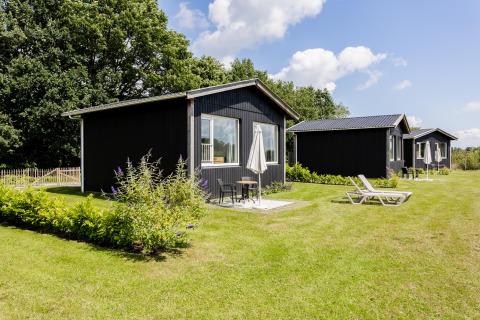 Tiny house noire à The Kremmer, Pays-Bas, avec pelouse verte, chaises longues et mobilier de terrasse.