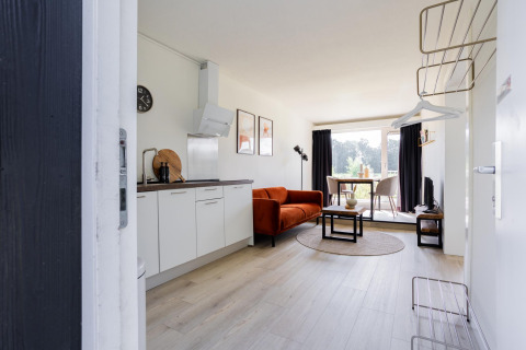 Eingang zum Tiny House XL bei The Kremmer, Niederlande, mit modernem Interieur und großen Fenstern.
