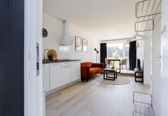 Vista de entrada a Tiny House XL en The Kremmer, Países Bajos, con decoración moderna y grandes ventanas.