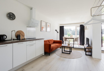 Vista interior de la Tiny House XL en The Kremmer, Países Bajos, con cocina moderna y sala de estar acogedora.