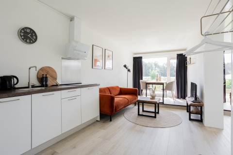 Innenaufnahme von Tiny House XL bei The Kremmer in den Niederlanden mit moderner Küche und Wohnzimmer.