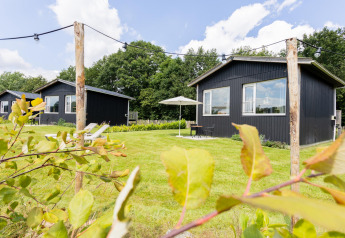 Tiny House XL bei The Kremmer in den Niederlanden, schwarze Hütten auf grüner Wiese mit Bäumen.