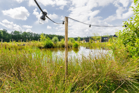 Naturnahes Gelände mit Teich, hohem Gras und Tiny House XL bei The Kremmer, Niederlande, bei Tag.