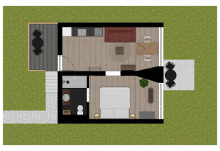 Plan du Tiny House XL à The Kremmer aux Pays-Bas, comprenant chambre, cuisine, salon et terrasses.