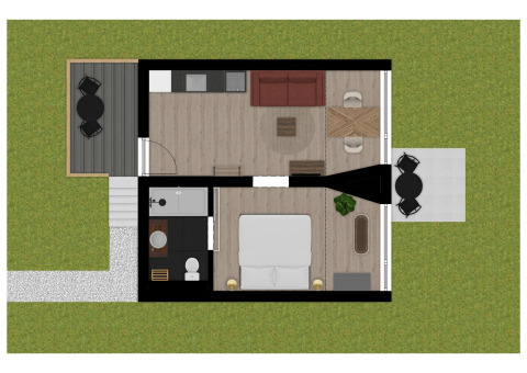 Floor plan of Tiny House XL at The Kremmer in the Netherlands featuring bedroom, kitchen and terraces.