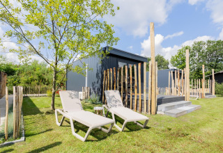 Deux transats devant une tiny house avec terrasse à The Kremmer aux Pays-Bas, entourée de verdure.