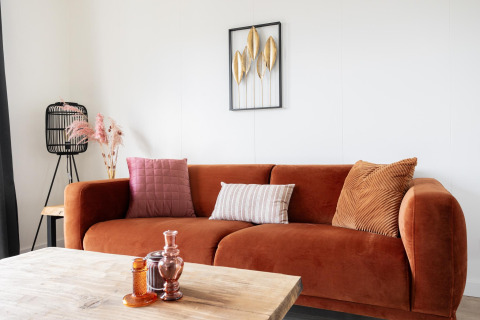 Moderne woonkamer met roestkleurige bank, kussens, salontafel en wanddecoratie in Tiny House Kremmer.
