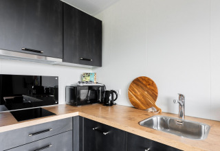 Moderne keuken bij Tiny House with decking at The Kremmer in Nederland met houten werkblad en toestellen.