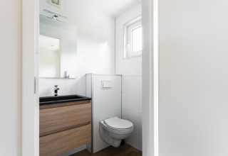 Compacte, moderne badkamer met hangtoilet, wastafel, spiegel en raam in een tiny house in Nederland.