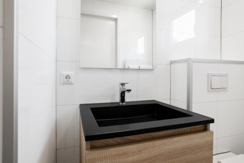 Baño moderno con lavabo negro y gabinete de madera en una tiny house en The Kremmer, Países Bajos.