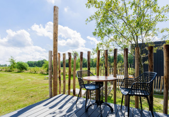 Terraza exterior de una Tiny House con postes de madera, mesa, sillas y vistas al campo en los Países Bajos.