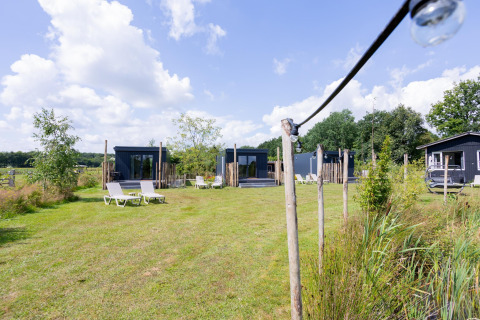Groen grasveld met kleine zwarte tiny houses en ligstoelen bij Tiny House met terras op The Kremmer, Nederland.