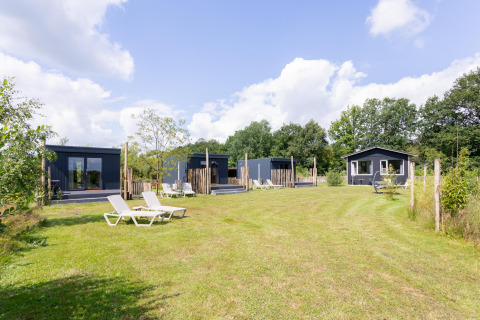 Tiny House met terras bij The Kremmer in Nederland, omgeven door grasveld en ligstoelen onder een blauwe lucht.