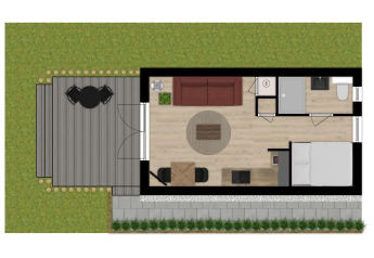 Planimetria di una tiny house con terrazza, soggiorno arredato, cucina, bagno e camera da letto.