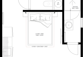 Plattegrond van slaapkamer en badkamer in Cocoon de l'Ourthe, Hameau de l'Ourthe, België, met meubels en afmetingen.