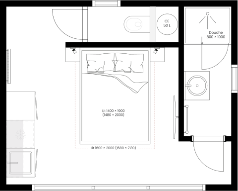 Plano del dormitorio y baño en Cocoon de l'Ourthe, Hameau de l'Ourthe, Bélgica, con muebles y dimensiones mostradas.