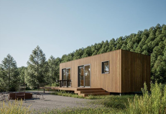 Eco Lodge moderno in legno con terrazza, situato tra alberi rigogliosi e natura incontaminata.