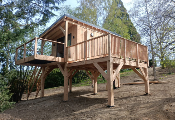 Una moderna casa sull'albero in legno su palafitte con grande terrazza e scala, immersa tra alberi.