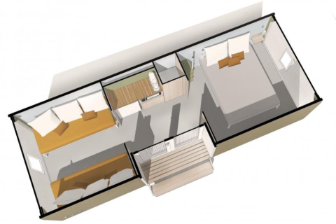 Vista superior del interior de la tienda safari Coco Sweet, con dormitorio, sala, cocina y porche.