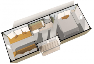 Vista superior del interior de la tienda safari Coco Sweet, con dormitorio, sala, cocina y porche.