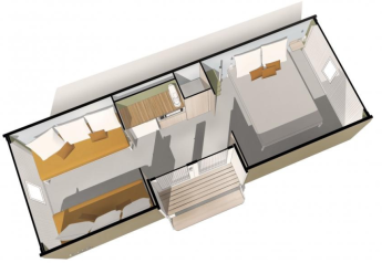 Vista superior del interior de la tienda safari Coco Sweet, con dormitorio, sala, cocina y porche.