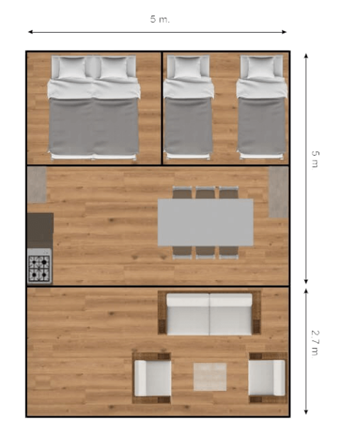 Planimetria di un alloggio glamping con due camere da letto, cucina, zona pranzo e soggiorno.