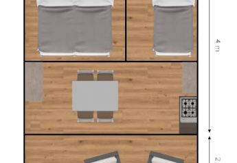 Plattegrond van een glampingverblijf met twee slaapkamers, een eetruimte, keuken en zithoek.