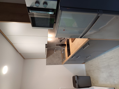 Moderne keukenhoek met kookplaat, oven, koelkast en spoelbak in een glampingverblijf.