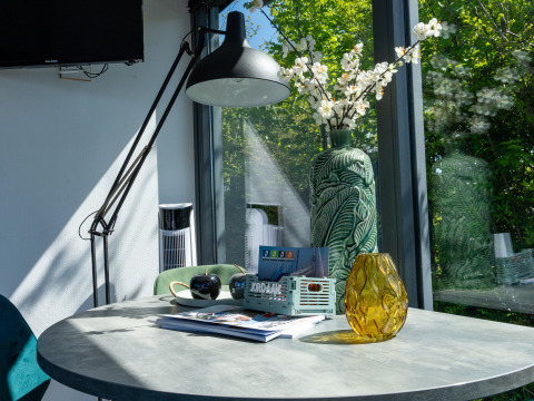 La luz del sol ilumina una mesa moderna con jarrones y flores en Houseboat Heeg en Marina Heeg, Países Bajos.