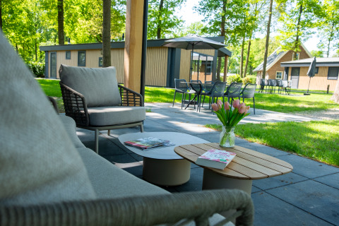 Terraza al aire libre en Wood Cottage, De Witte Berg, Países Bajos, con sillones, mesa y jarrón de tulipanes.