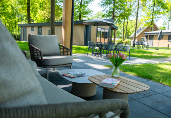 Gezellig terras aan Wood Cottage in De Witte Berg, met zitbanken, tafel en een vaas tulpen in de natuur.