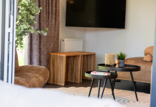 Stueinteriør i Wood Cottage ved Holiday park De Witte Berg, med moderne møbler og grønne planter.