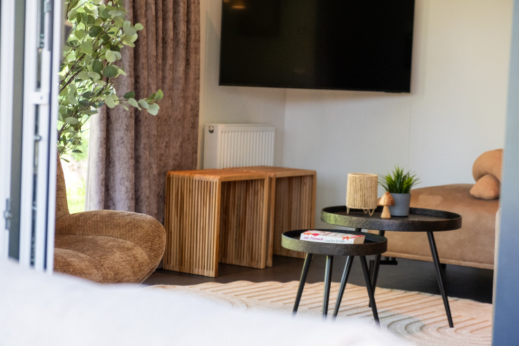 Wohnzimmer im Wood Cottage im Holiday Park De Witte Berg, Niederlande, mit stilvollen Möbeln.