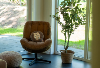 Sala luminosa en Wood Cottage, Holiday park De Witte Berg, con ventanales, sillón y planta decorativa.