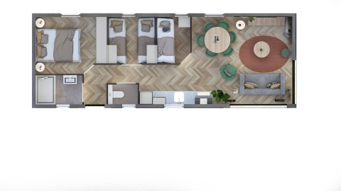 Plattegrond van een moderne lodge met drie slaapkamers, woonkamer, eetruimte, keuken en badkamer.