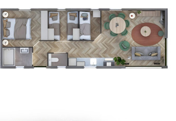 Plano de una cabaña moderna con tres dormitorios, salón, comedor, cocina y cuarto de baño completo.