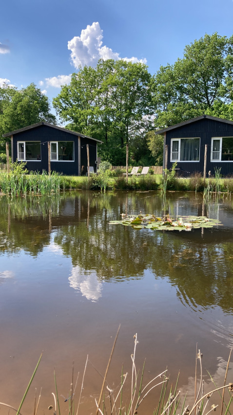 Zwei schwarze Ferienhäuser am ruhigen Teich mit Seerosen und Bäumen im Ferienpark The Kremmer, Drenthe.