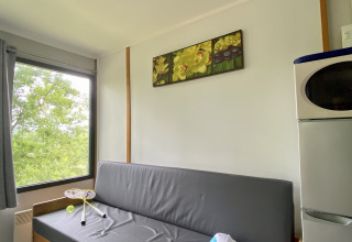 Moderne glampingruimte met grijze bank, groot raam met uitzicht op bomen, kunstwerk, koelkast en magnetron.