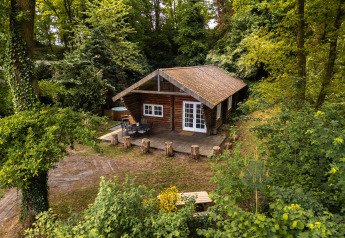 Acogedora cabaña de madera 'Huys van de Boswachter' con jacuzzi, rodeada de un frondoso bosque verde.