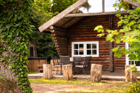 Lodge 'Huys van de Boswachter' con vasca idromassaggio a Sandberghe nei Paesi Bassi, circondata da alberi.