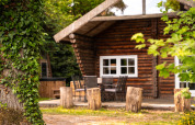 Lodge 'Huys van de Boswachter' with hot tub at Sandberghe in the Netherlands, surrounded by greenery.