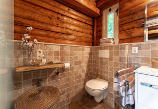 Bathroom in a rustic lodge at Sandberghe, Netherlands, featuring wooden walls, tiled accents, and cozy decor.