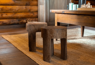 Due sgabelli rustici in legno su un tappeto nel lodge accogliente 'Huys van de Boswachter' a Sandberghe.