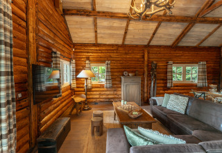 Cozy wooden lodge with rustic decor, brown sofa and large windows at 'Huys van de Boswachter', Sandberghe.