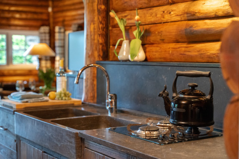 Cocina en Huys van de Boswachter con tetera, cocina de gas, fregadero y jarrones con tulipanes.