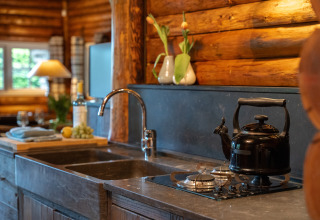 Cozy wooden kitchen at Huys van de Boswachter lodge with kettle and tulips at Sandberghe, Netherlands.
