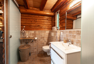 Rustic bathroom with wooden log walls at Huys van de Boswachter met Bubbelbad, Sandberghe, Netherlands.