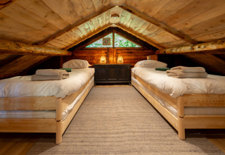 Cozy attic bedroom with two single beds at Huys van de Boswachter, Sandberghe, Netherlands, wooden interior.